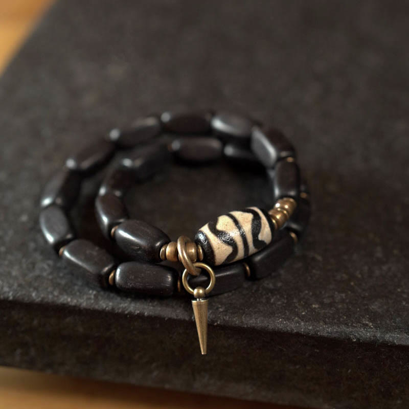 Tibet Ebony Wood Dzi Bead Copper Balance Double Wrap Bracelet