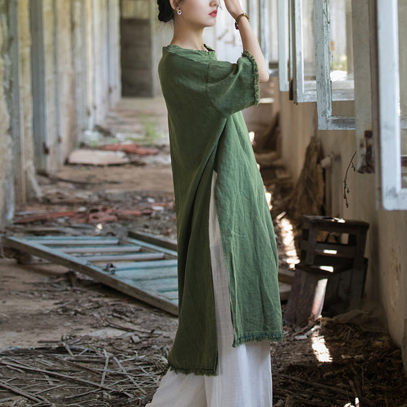 Mid Length Dress Ramie Linen Half Sleeve Split Hem Top T-Shirt