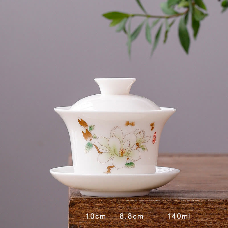 White Porcelain Mountain Landscape Countryside Ceramic Gaiwan Teacup Kung Fu Tea Cup And Saucer With Lid