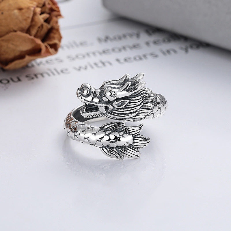 925 Sterling Silver Year Of The Dragon Luck Strength Adjustable Metal Ring