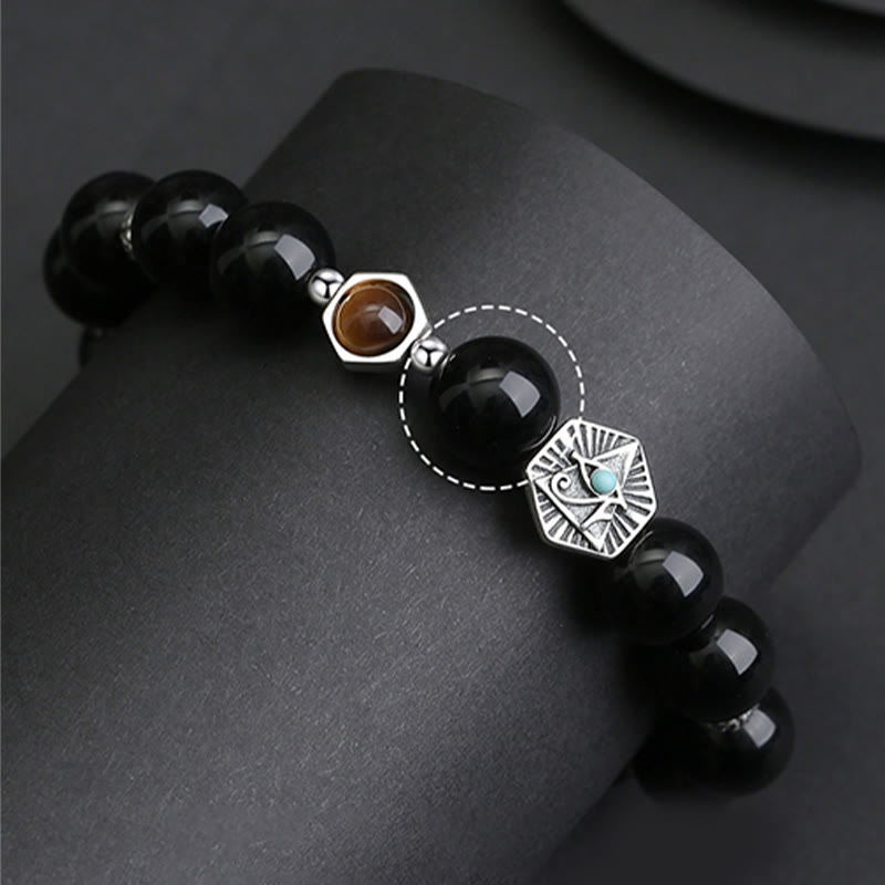925 Sterling Silver Black Obsidian Tiger Eye Eye of Providence Purification Bracelet