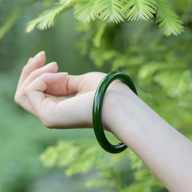 Polished Natural Cyan Jade Longevity Blessing Bangle Bracelet