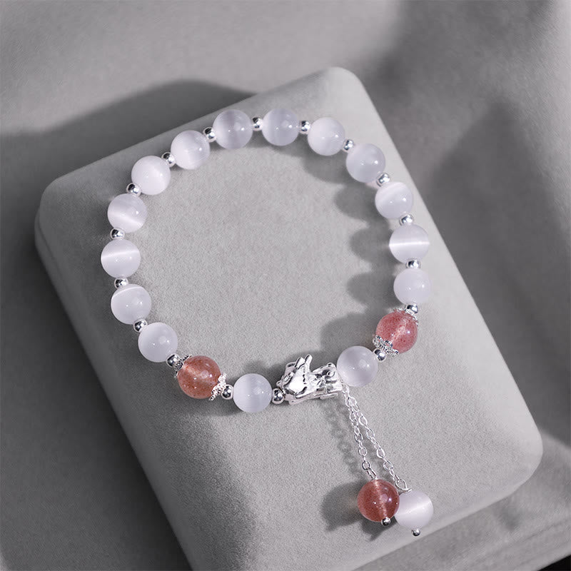 Natural Cat's Eye Moonstone Strawberry Quartz PiXiu Support Bracelet