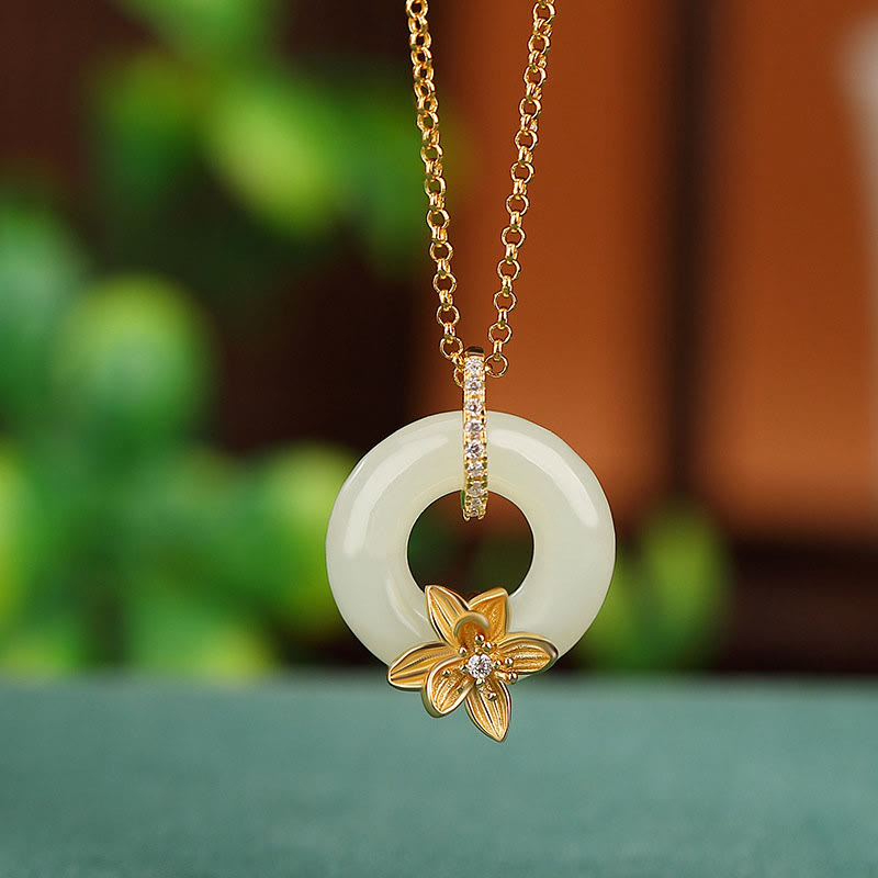 925 Sterling Silver Hetian Jade Peace Buckle Flower Luck Necklace Pendant