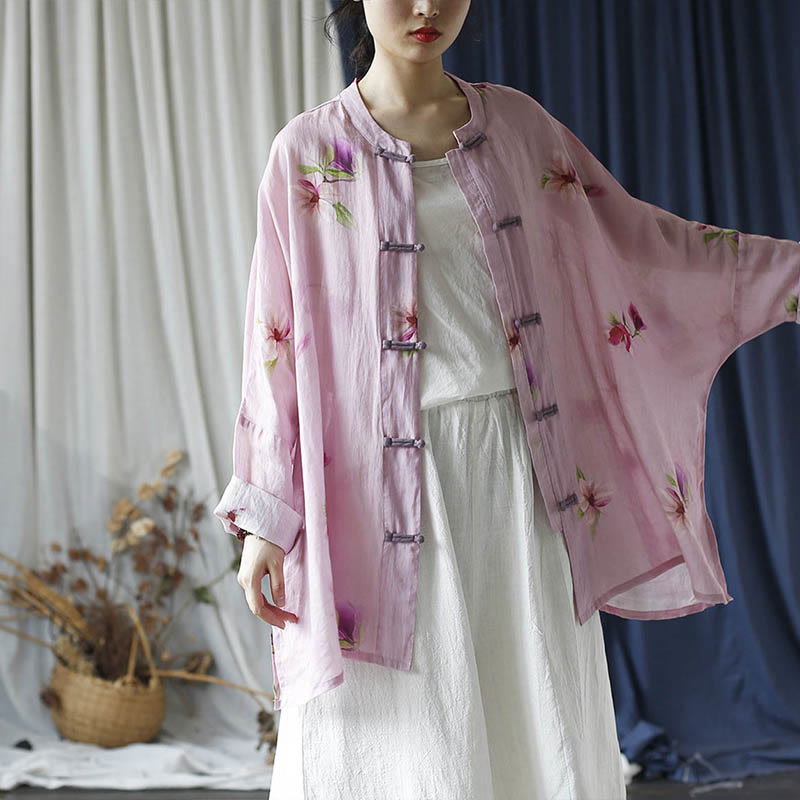 Pink Flower Print Frog-button Design Batwing Long Sleeve Ramie Linen Jacket Shirt