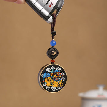 PiXiu Copper Coin Ebony Wood Luck Attract Wealth Key Chain Decoration