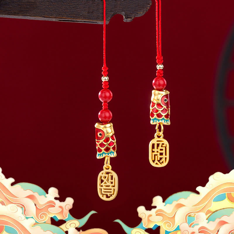 Koi Fish Cinnabar Attracting Wealth Wish Ruyi Charm Luck Phone Hanging Decoration