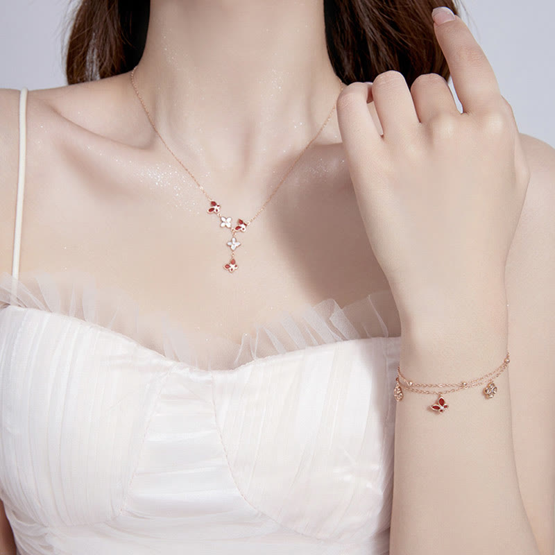 925 Sterling Silver Red Agate Tridacna Stone Butterfly Four Leaf Clover Calm Bracelet Necklace Pendant Set