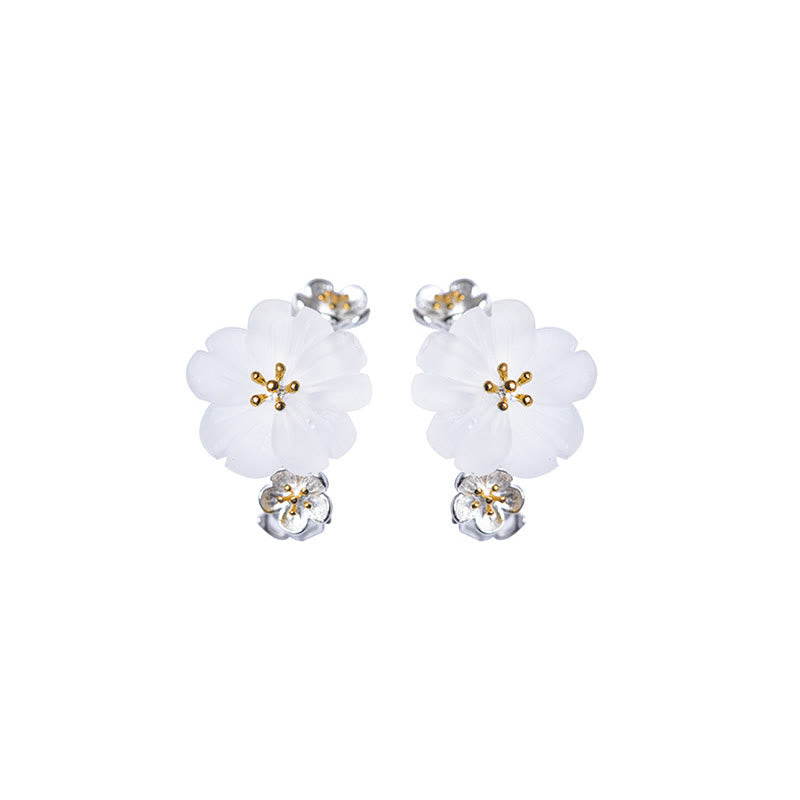 925 Sterling Silver Plum Blossom Floral Clear Quartz Earrings
