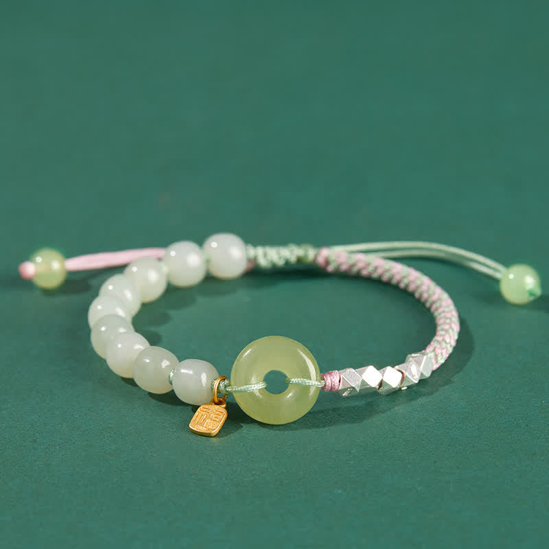 Hand-Woven Hetian Jade Ping An Kou Gold Plated Sterling Silver Beaded Bracelet