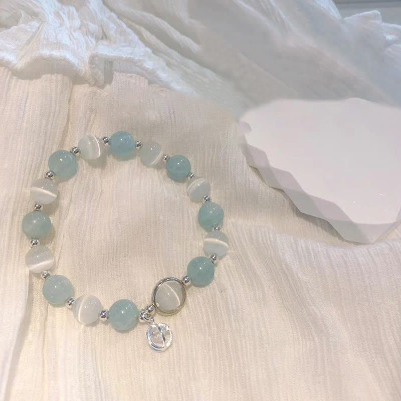 Handcrafted Cat's Eye & Aquamarine 925 Sterling Silver Support Charm Bracelet