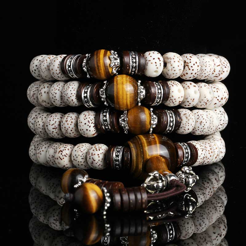 Handmade Tibetan Tiger Eye and Bodhi Seed 108-Bead Buddha Mala Peace Bracelet