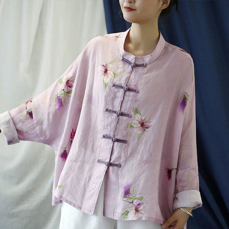 Pink Flower Print Frog-button Design Batwing Long Sleeve Ramie Linen Jacket Shirt