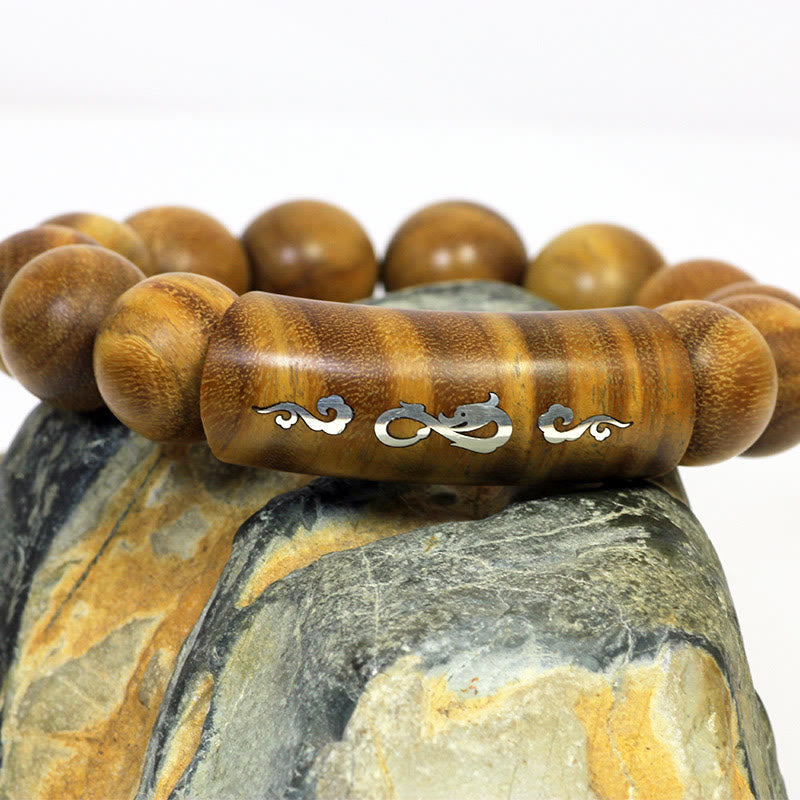999 Sterling Silver Green Sandalwood Om Mani Padme Hum Dragon Phoenix Dharmachakra Inlaid Peace Bracelet