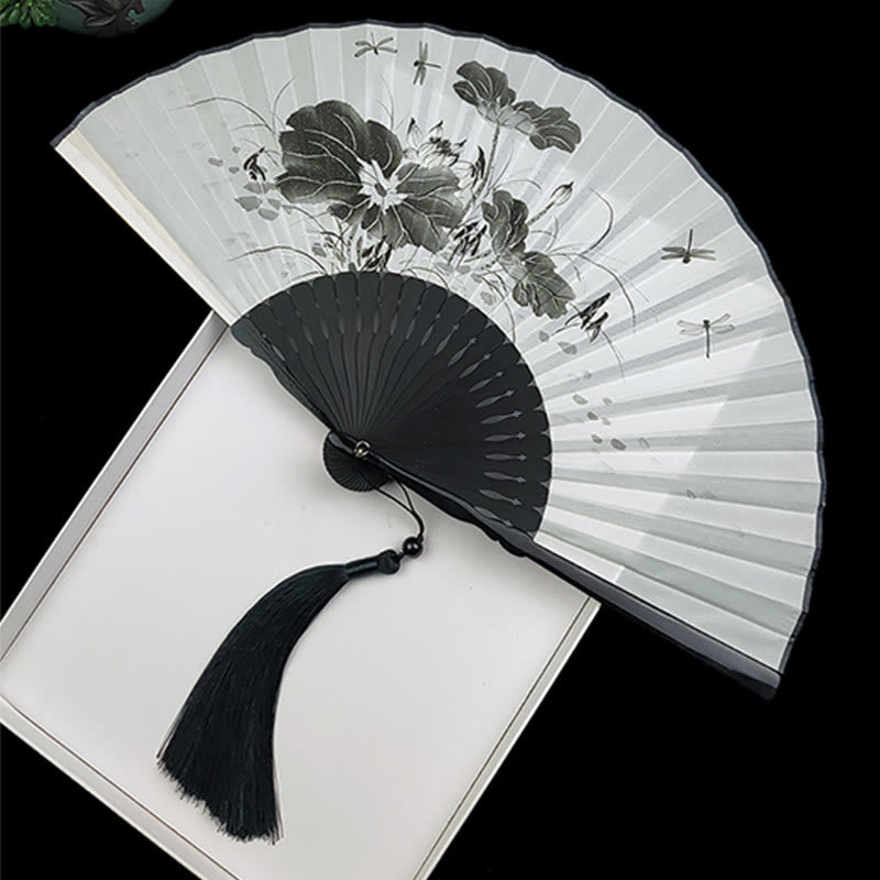 Vintage Bamboo Peony Butterfly Lotus Handheld Silk Folding Fan With Bamboo Frames