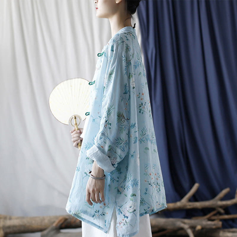 Light Green Pink Flowers Green Leaves Frog-Button Long Sleeve Ramie Linen Jacket Shirt