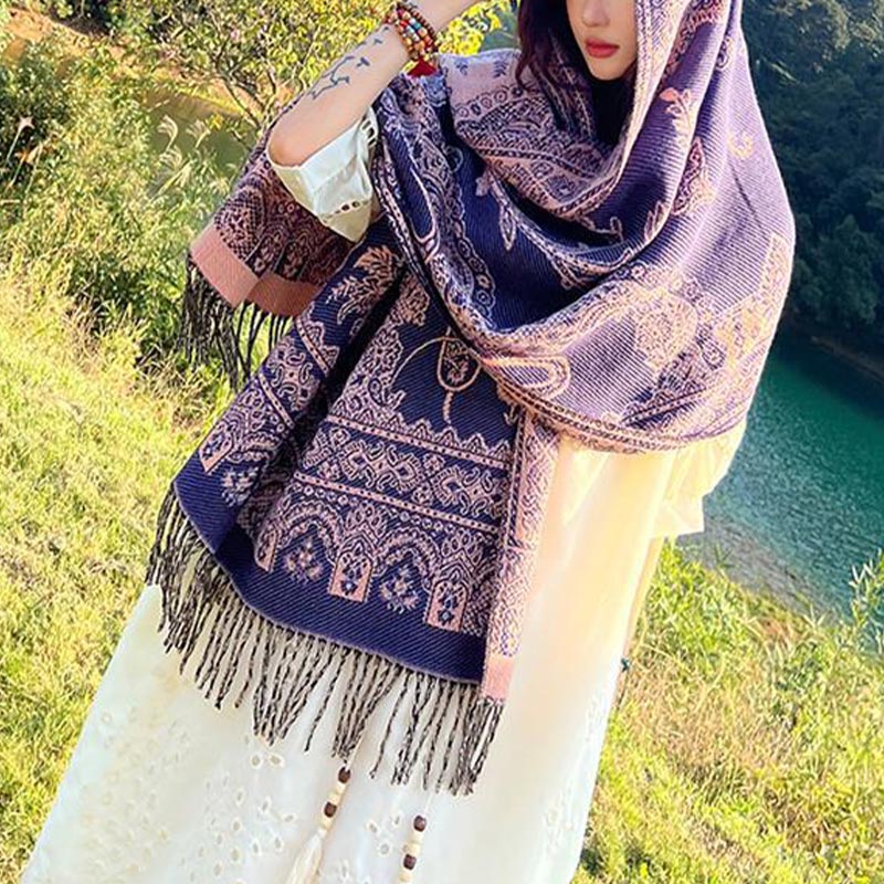 Vintage Tibetan Leaves Pattern Design Shawl Cozy Travel Scarf Wrap