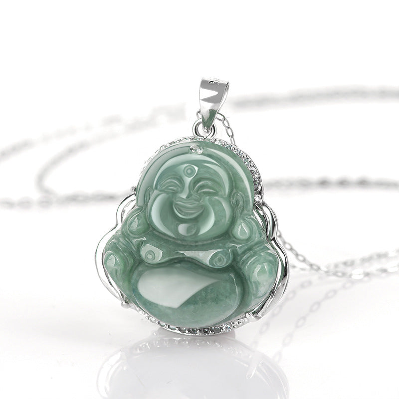 925 Sterling Silver Laughing Buddha Jade Abundance Necklace Chain Pendant