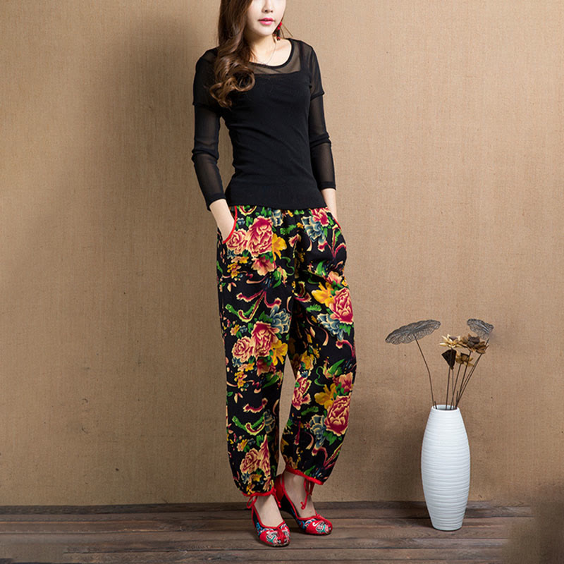 Breathable Floral Meditative Harem Pants with Pockets
