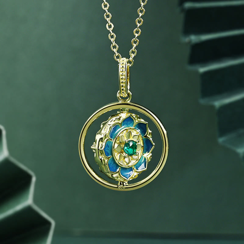 925 Sterling Silver Lotus Flower Floral Zircon Enlightenment Rotatable Necklace Pendant