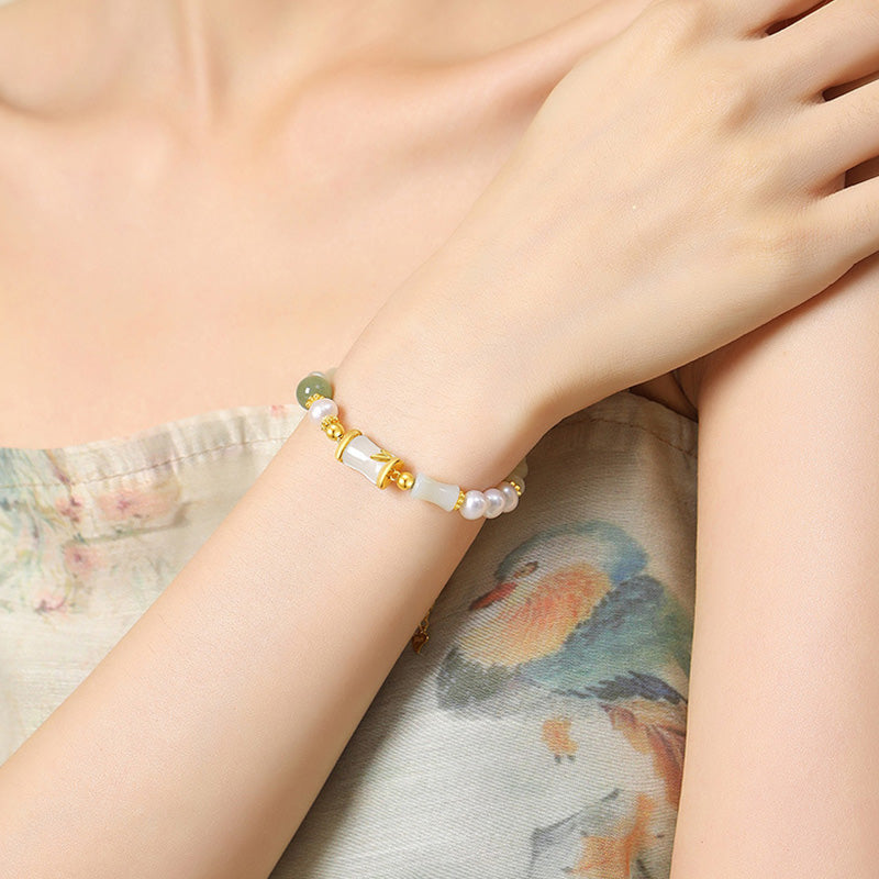 925 Sterling Silver Natural Hetian White Jade Bamboo Luck Blessing Bracelet