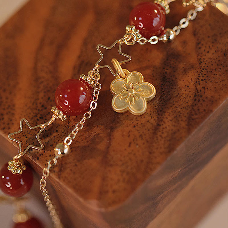 14k Gold Plated Red Agate Star Flower Charm Calm Bracelet
