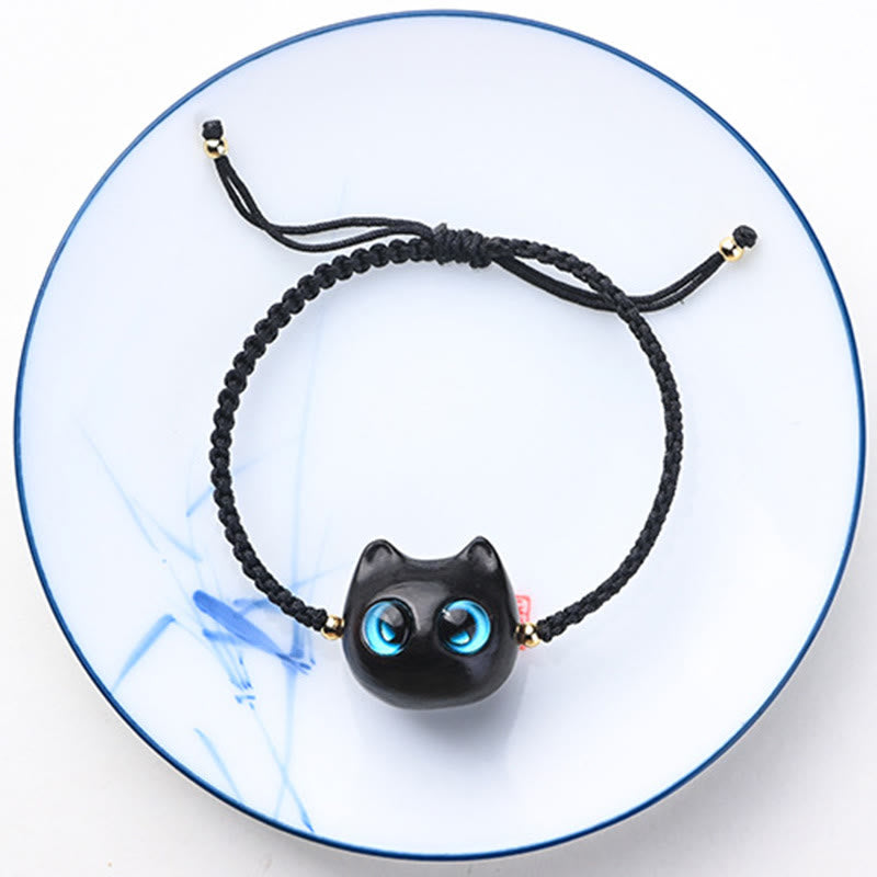 Small Leaf Red Sandalwood Ebony Wood Cute Cat Head Calm Protection Braided Bracelet