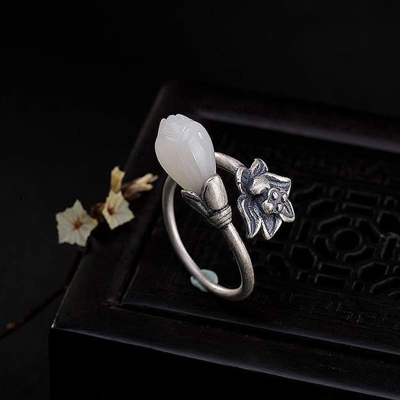 Handmade Copper Jade Lotus Adjustable Ring