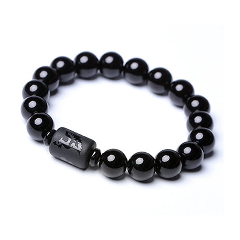 Carved Black Obsidian Dragon and Phoenix Beaded Energy Bracelet