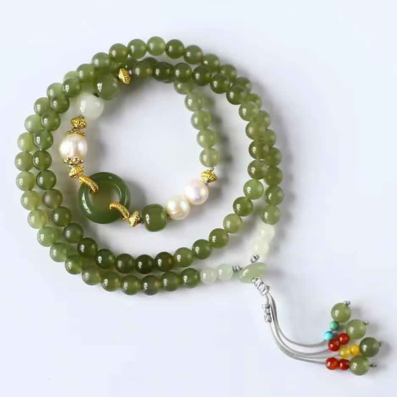 Refined Hetian Jade and Pearl Ping An Kou Peace Buckle String Bracelet