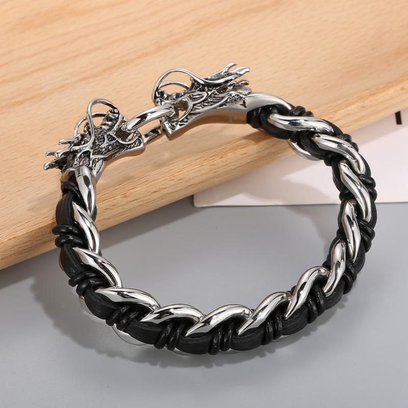 Masculine Dragon Braided Leather and Titanium Steel Bracelet