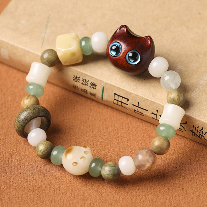 Bodhi Seed Green Sandalwood Ebony Wood Small Leaf Red Sandalwood Cat Head Paw Claw Peace Bracelet