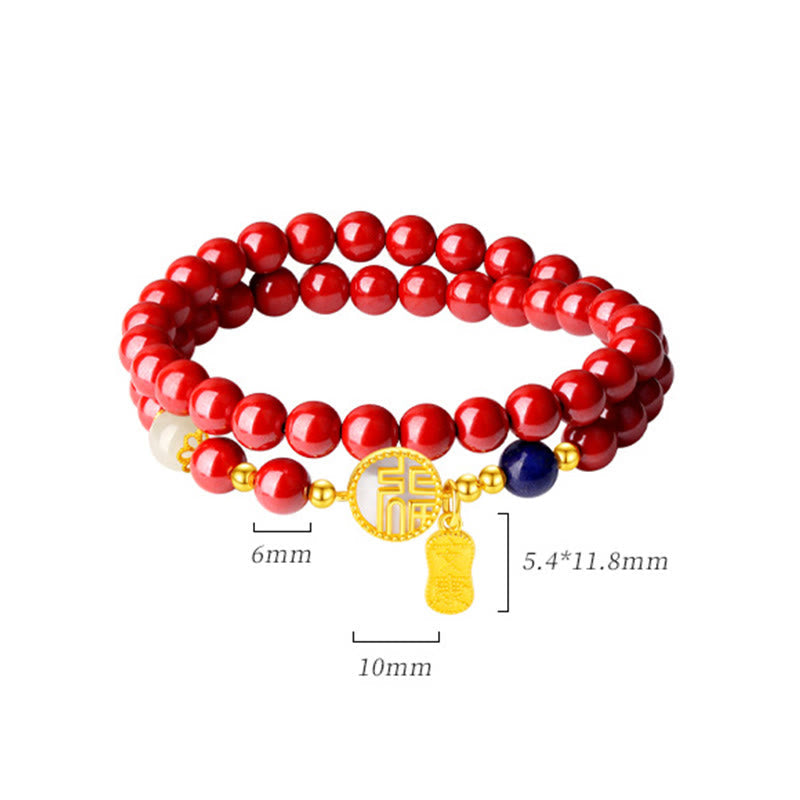 925 Sterling Silver Cinnabar Tridacna Stone Fu Character Double Wrap Blessing Bracelet