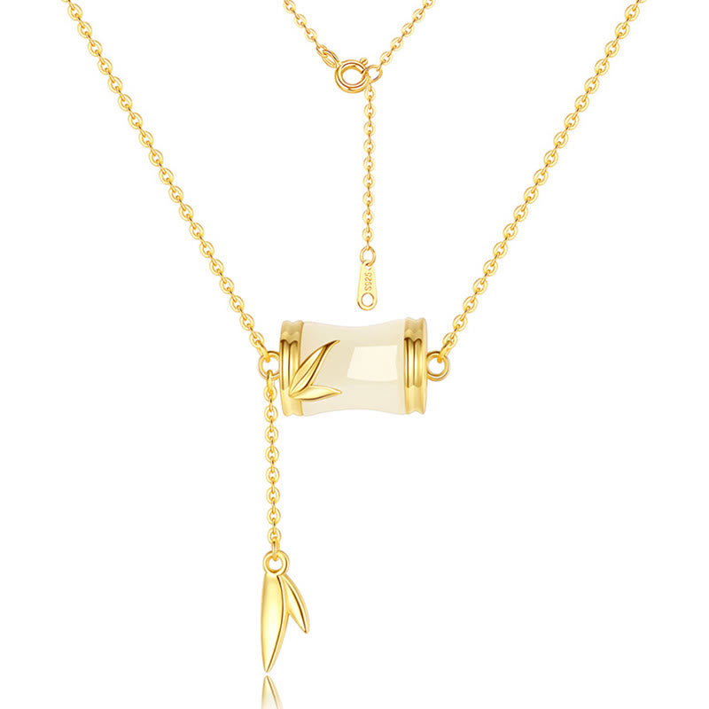 925 Sterling Silver 22K Gold Hetian White Jade Bamboo Leaf Luck Necklace Pendant Bracelet