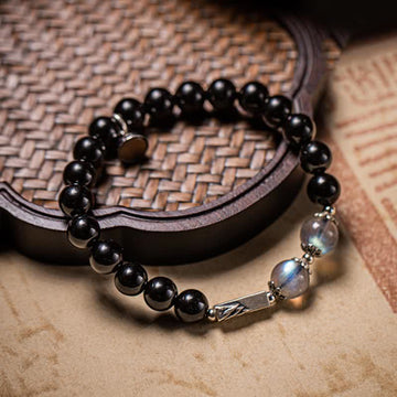 925 Sterling Silver Black Obsidian and Moonstone Beaded Couple Bracelet Set