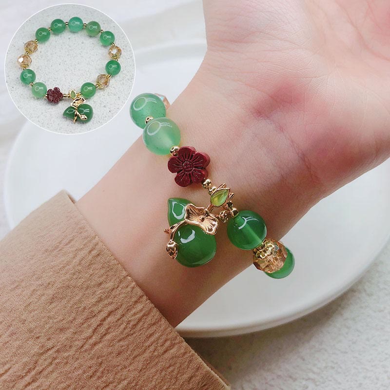 Natural Agate and Clear Quartz Beaded Bracelet with Cinnabar Flower and Wu Lou Gourd