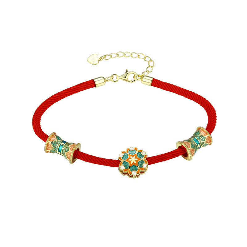 Dunhuang 925 Sterling Silver Lotus Drum Red String Bracelet for New Beginnings