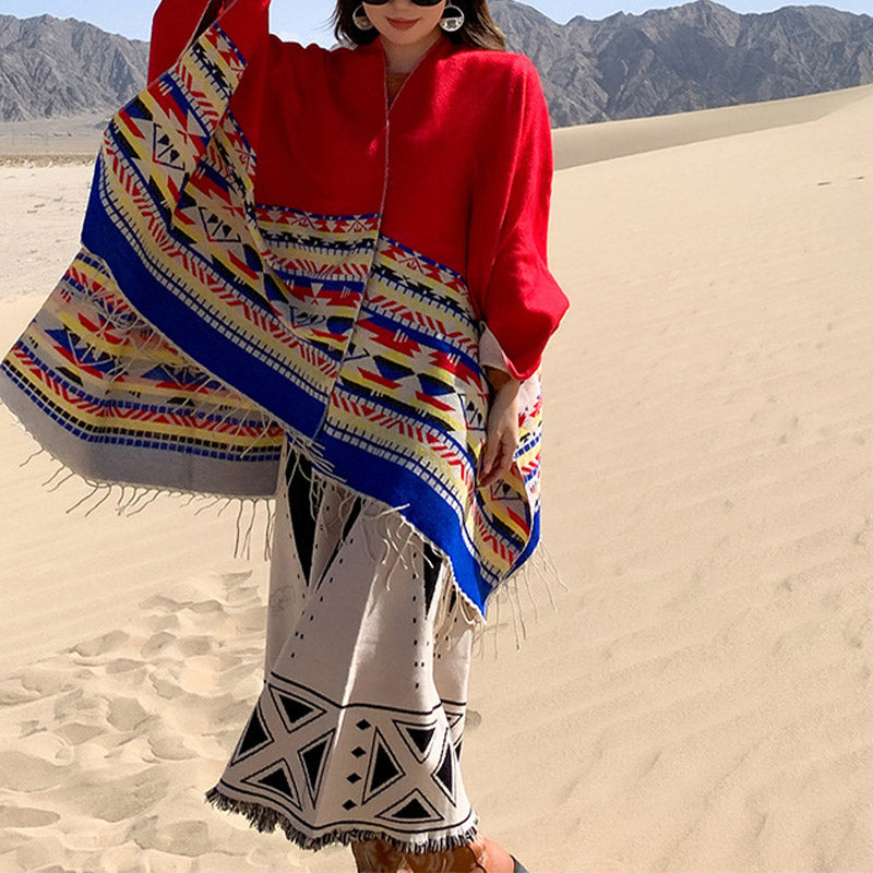 Tibetan Shawl Colorful Geometry Winter Cozy Travel Scarf Wrap