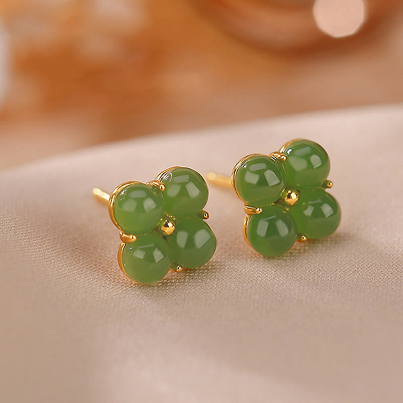 Handcrafted Natural Cyan Jade and Gold Plated 925 Sterling Silver Clover Stud Earrings