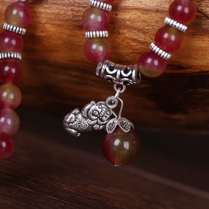 Natural Watermelon Tourmaline PiXiu Elephant Positive Triple Wrap Bracelet