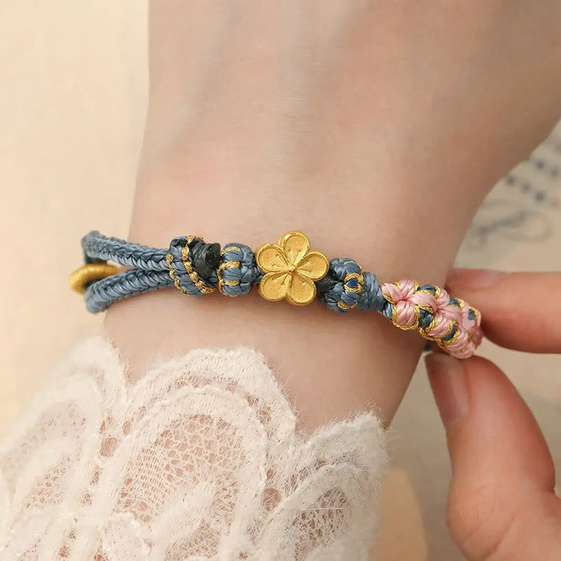 Handcrafted Red String Bracelet with Gold-Toned Copper Peach Blossom Charm