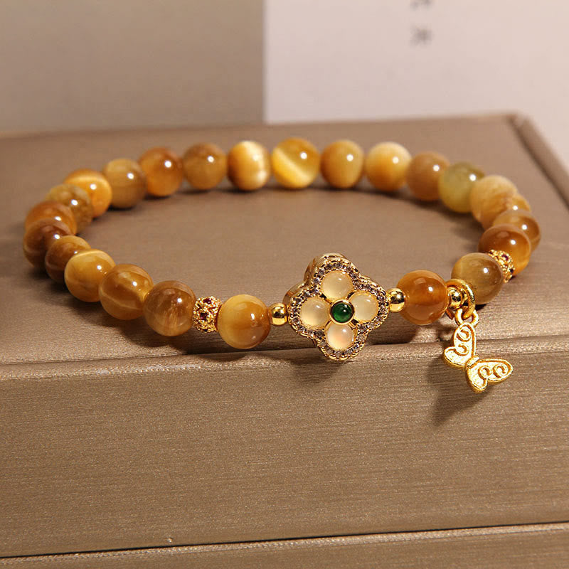 Tiger Eye Four Leaf Clover Butterfly Protection Bracelet
