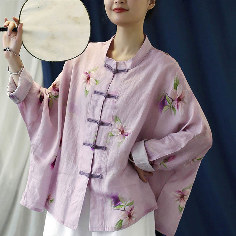 Pink Flower Print Frog-button Design Batwing Long Sleeve Ramie Linen Jacket Shirt