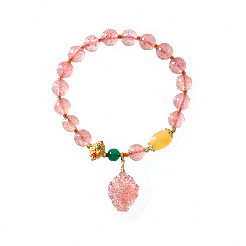 Natural Strawberry Quartz, Green Agate & Golden Silk Jade Nine-Tailed Fox Beaded Bracelet