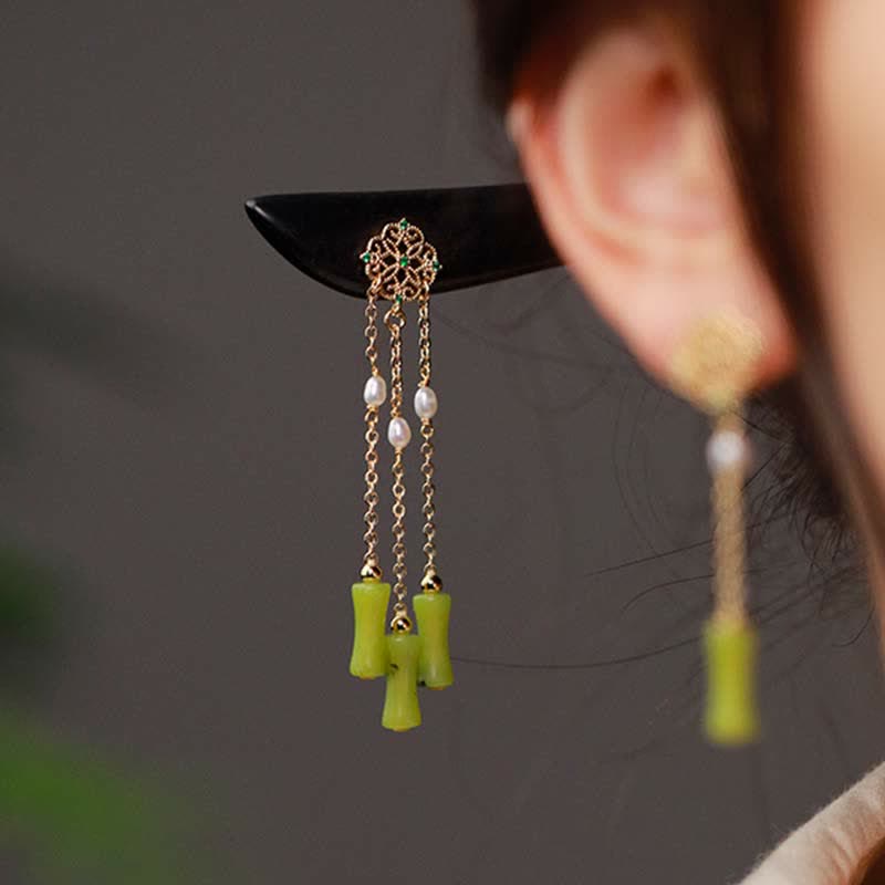 Natural Peridot Ebony Wood Love Tassels Hairpin