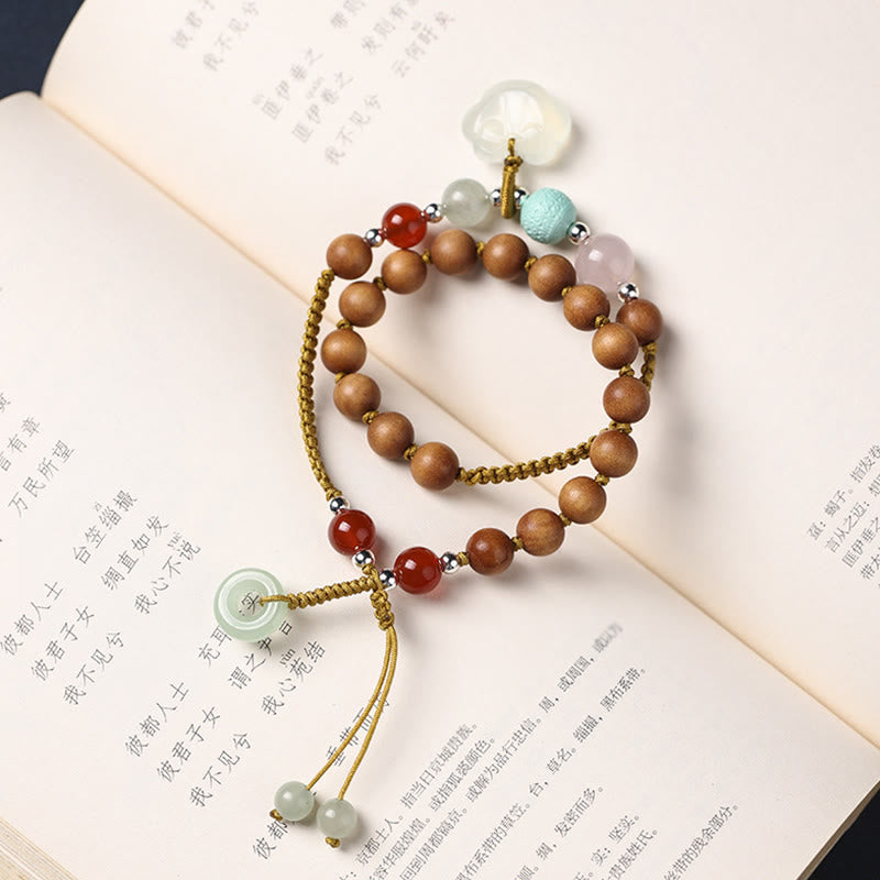 Green Sandalwood Chalcedony Peace Buckle Charm Soothing Double Wrap Bracelet