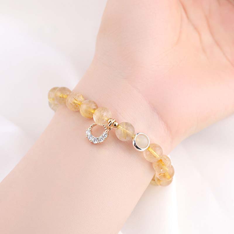 Radiant Citrine Gemstone Beaded Bracelet with Moon Charm