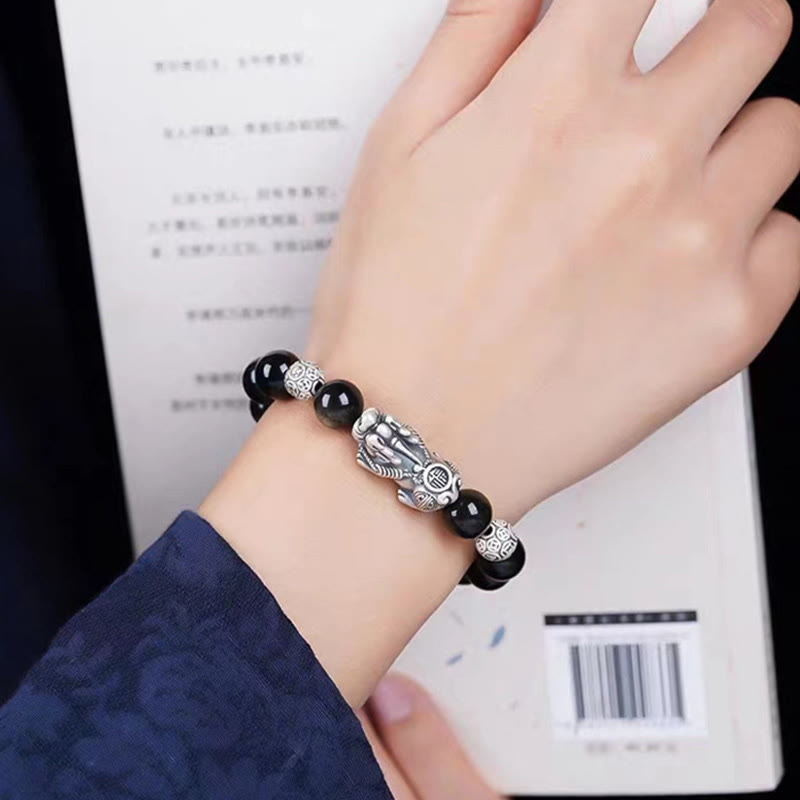 925 Sterling Silver Natural Gold Sheen Obsidian PiXiu Wealth Protection Bracelet