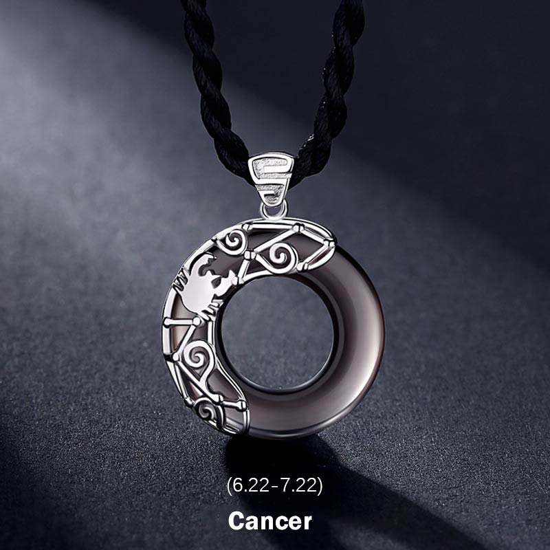 12 Constellations of the Zodiac Ice Obsidian Blessing Round Pendant Necklace