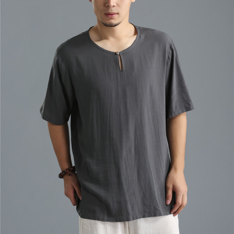 Breathable Cotton-Linen Crew Neck Short Sleeve Meditation Shirt